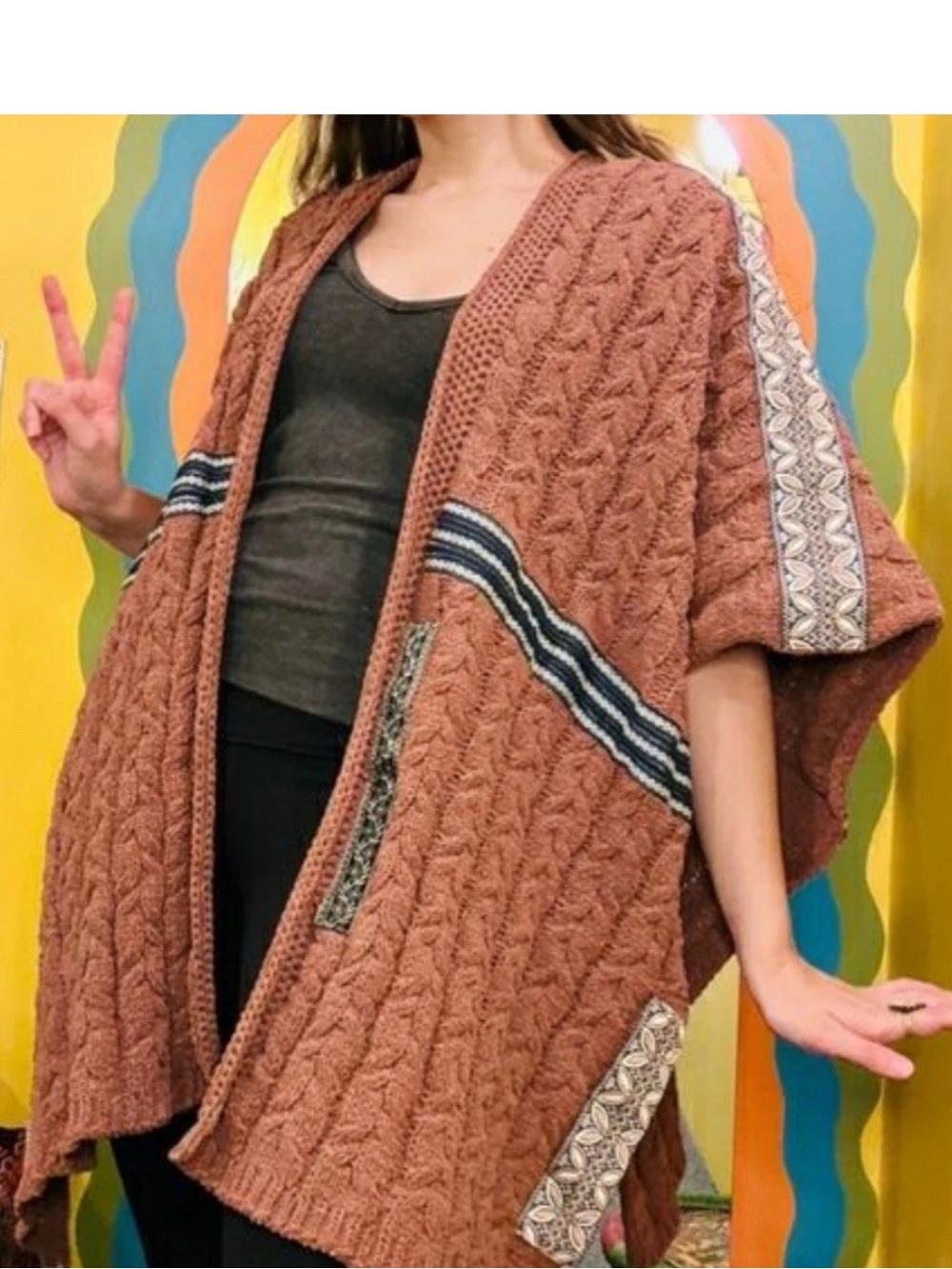POL Women's Open Front Chunky-Knit cocoa chenille sweater poncho Cardigan Size L
